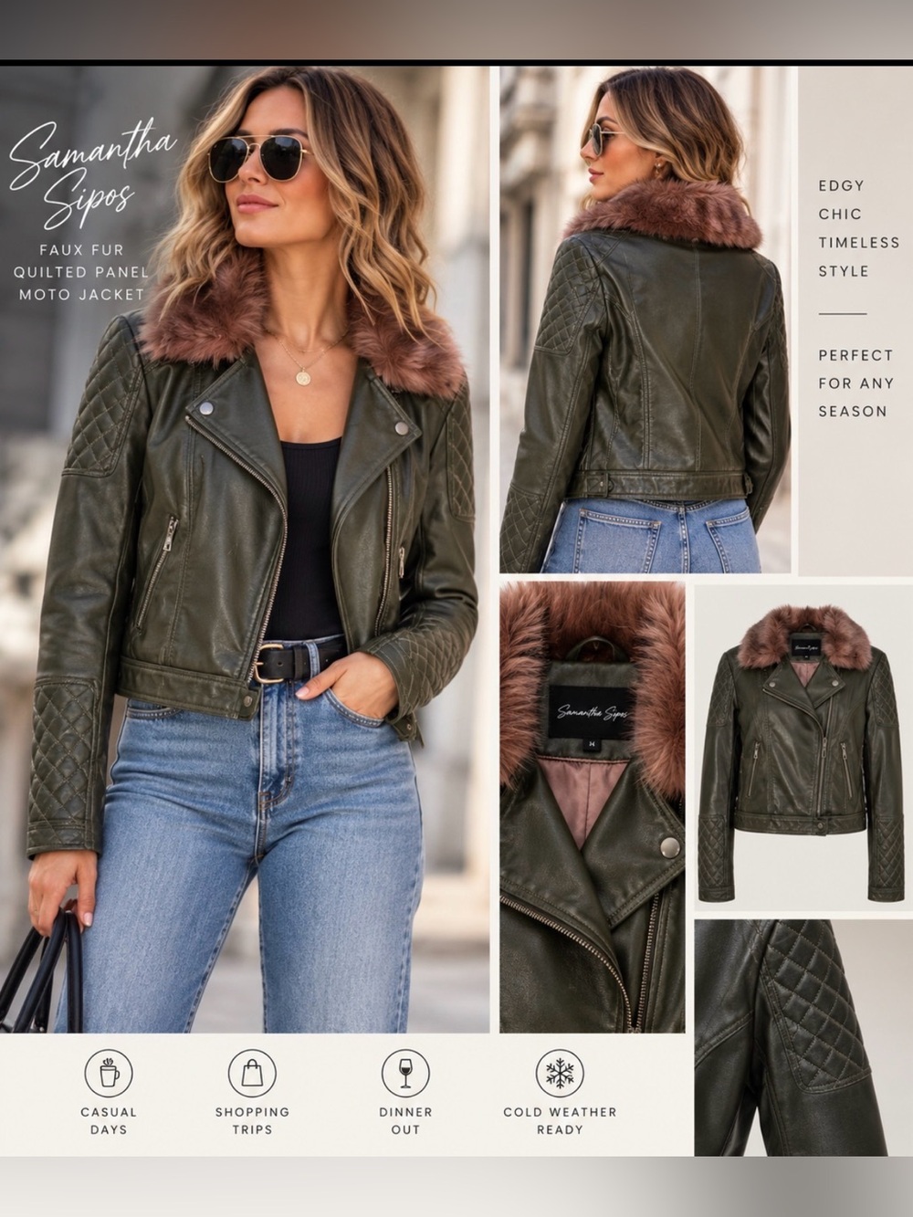 Samantha Sipos Faux Fur Quilted Panel Moto Biker‎ Leather Jacket Women M Baddie